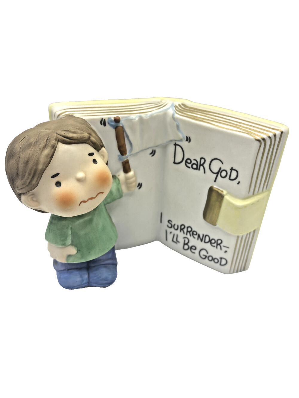 1982 ENESCO Dear GOD "I Surrender, I'll Be Good" PORCELAIN boy & book FIGURINE